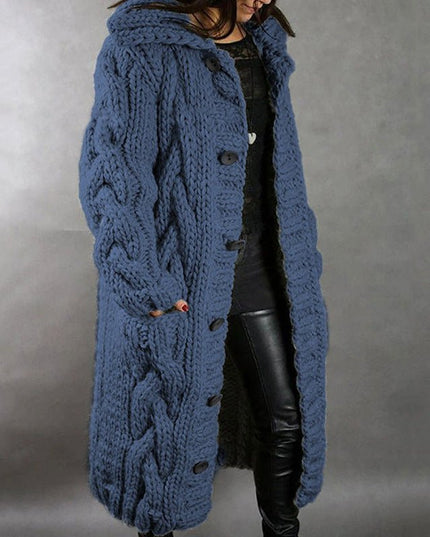 Women's Longline Hooded Oversized Cable Knit Sweater Coat