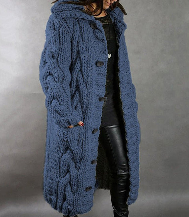Women's Longline Hooded Oversized Cable Knit Sweater Coat