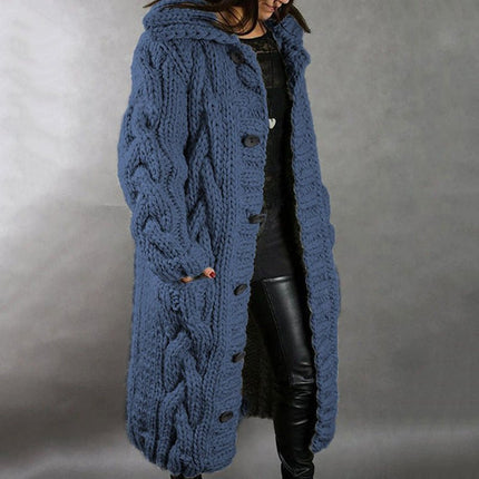 Women's Longline Hooded Oversized Cable Knit Sweater Coat