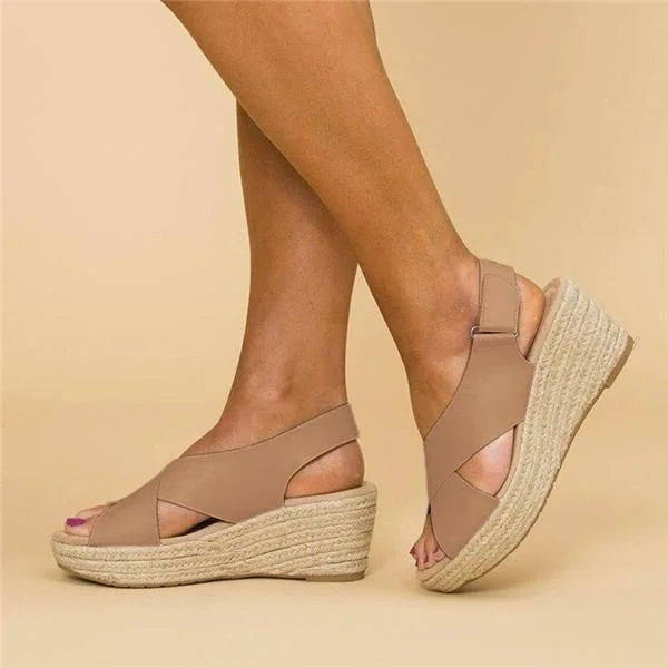 Beige cutout espadrille platform sandals with rope wedge heel