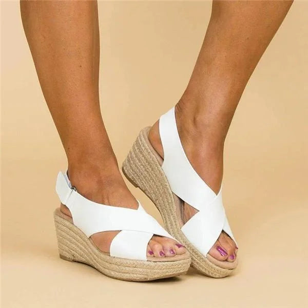 White crossover espadrille platform sandals with natural jute base