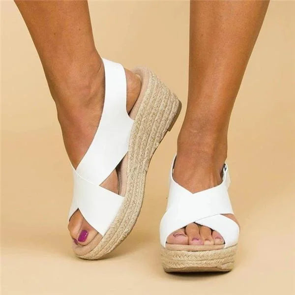 White strappy espadrille platform sandals with woven sole detail