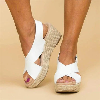 White strappy espadrille platform sandals with woven sole detail