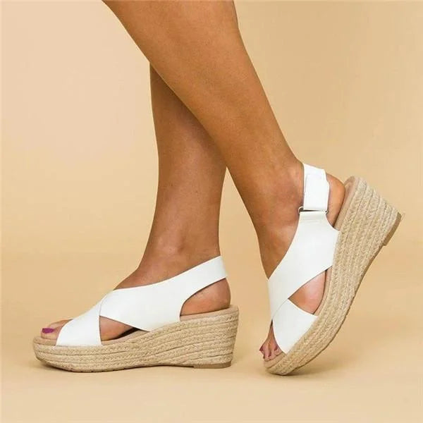 White crisscross espadrille platform sandals with rope wedge