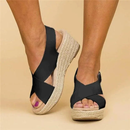 Black crossover espadrille platform sandals with natural jute heel