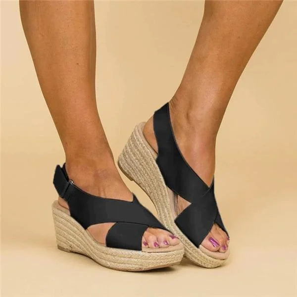 Black strappy espadrille platform sandals with woven wedge sole