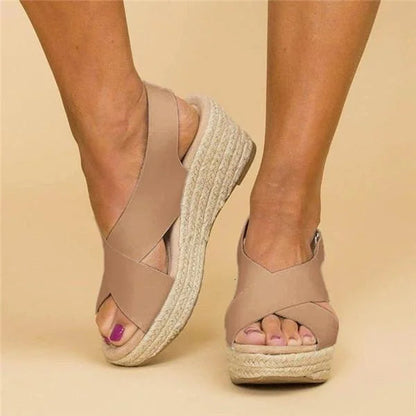 Beige cutout espadrille platform sandals with natural rope sole