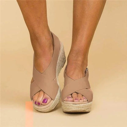 Taupe crossover espadrille platform sandals with jute wedge heel