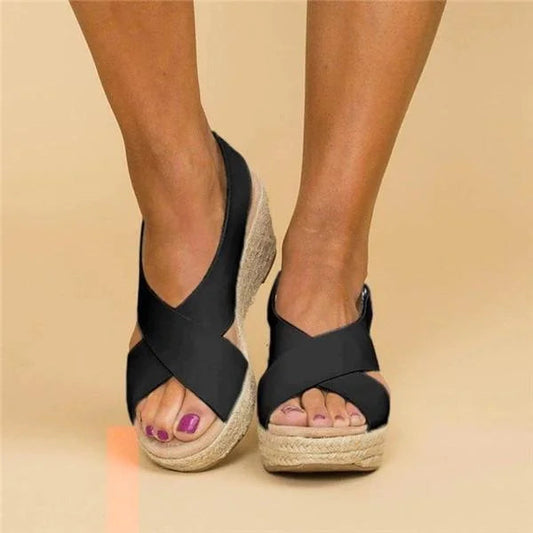 Black crossover espadrille platform sandals with jute sole