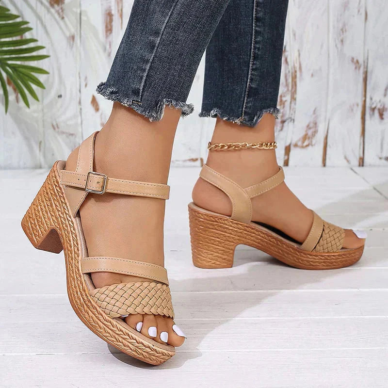 Tan woven platform block heel sandals side view with buckle fastening