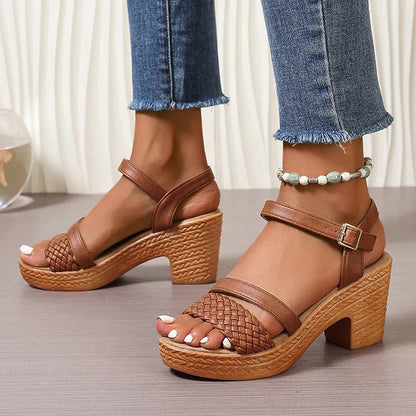 Cognac woven platform block heel sandals with textured wooden sole