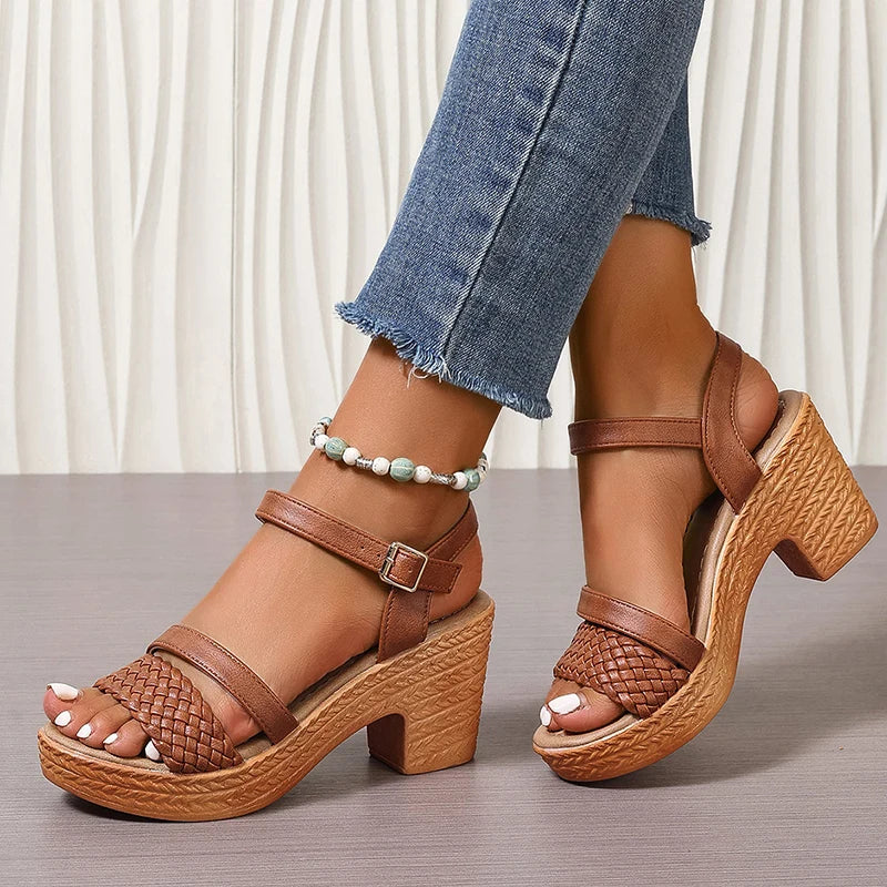 Tan woven platform block heel sandals with double ankle straps and buckle