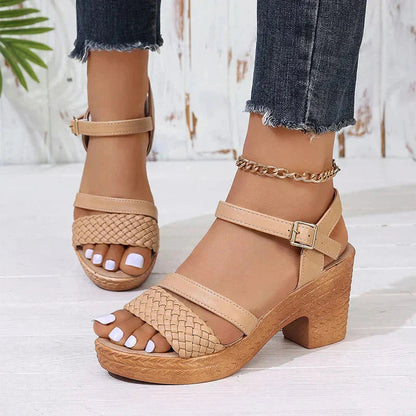 Tan woven platform block heel sandals with ankle strap and buckle closure