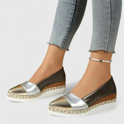 Women metallic espadrille loafers in silver, gold, and brown color block