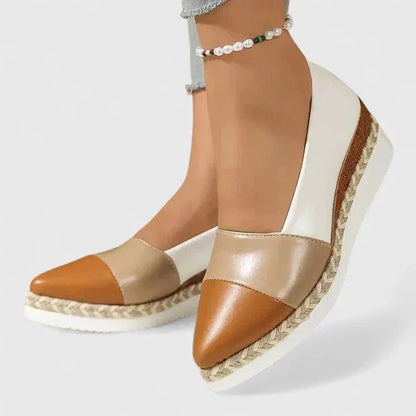 Tan, white, and cognac color block espadrille loafers with rope trim sole
