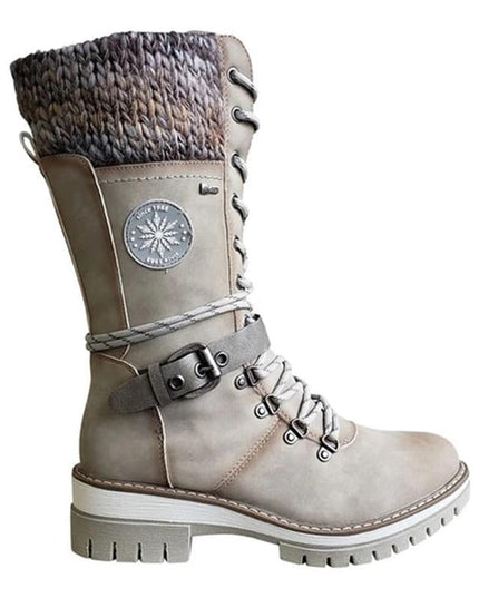 Women's Mid Calf Winter Boots, Lace Up Knit Cuff Lug Sole