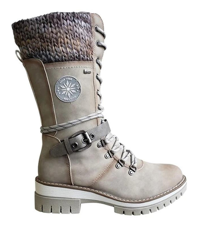 Women's Mid Calf Winter Boots, Lace Up Knit Cuff Lug Sole