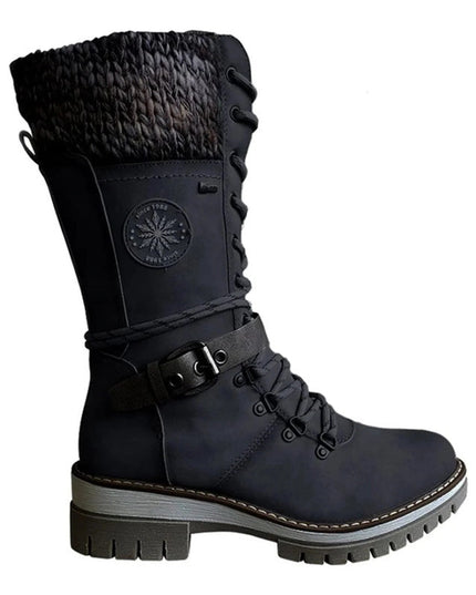 Women's Mid Calf Winter Boots, Lace Up Knit Cuff Lug Sole