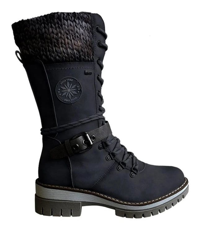 Women's Mid Calf Winter Boots, Lace Up Knit Cuff Lug Sole