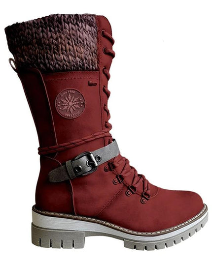Women's Mid Calf Winter Boots, Lace Up Knit Cuff Lug Sole