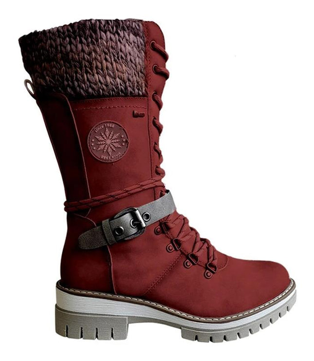 Women's Mid Calf Winter Boots, Lace Up Knit Cuff Lug Sole