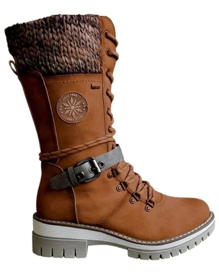 Women's Mid Calf Winter Boots, Lace Up Knit Cuff Lug Sole