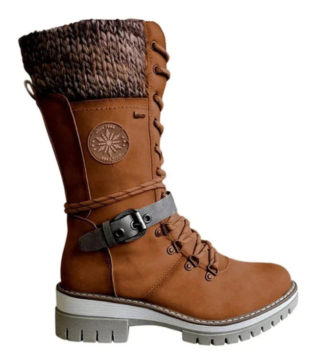 Women's Mid Calf Winter Boots, Lace Up Knit Cuff Lug Sole