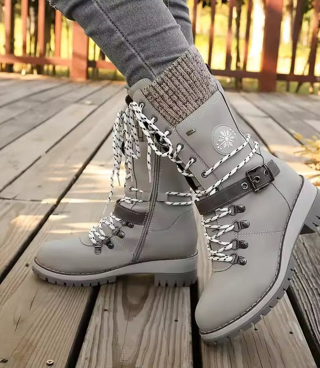 Women's Mid Calf Winter Boots, Lace Up Knit Cuff Lug Sole