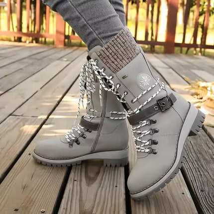Women's Mid Calf Winter Boots, Lace Up Knit Cuff Lug Sole