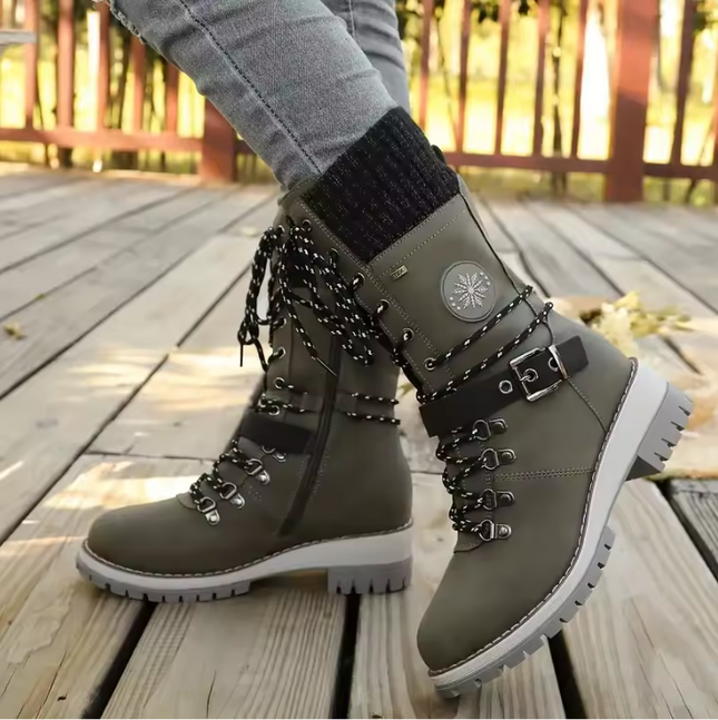 Women's Mid Calf Winter Boots, Lace Up Knit Cuff Lug Sole