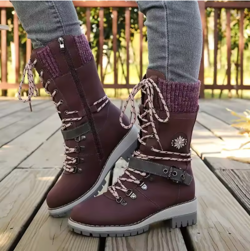 Women's Mid Calf Winter Boots, Lace Up Knit Cuff Lug Sole