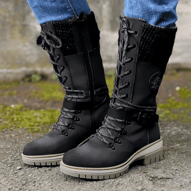 Women's Mid Calf Winter Boots, Lace Up Knit Cuff Lug Sole