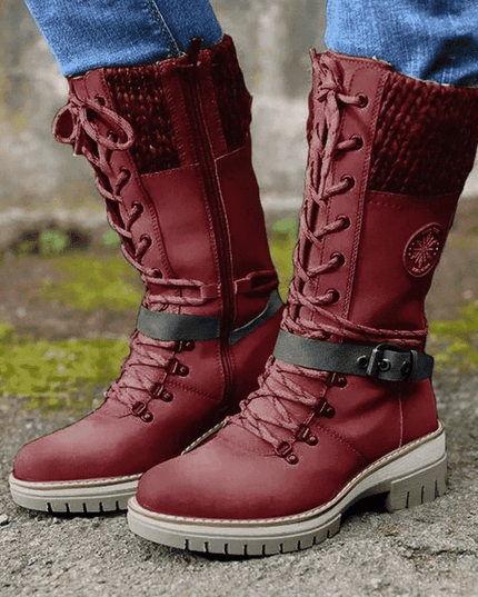Women's Mid Calf Winter Boots, Lace Up Knit Cuff Lug Sole
