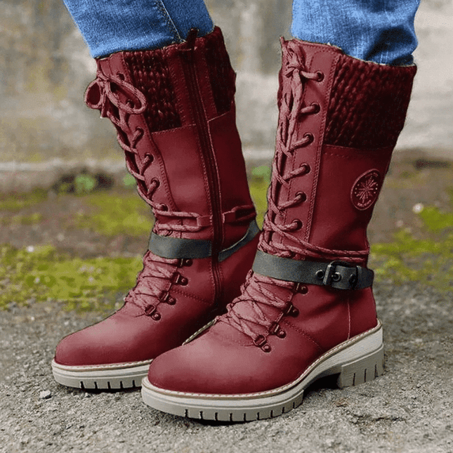 Women's Mid Calf Winter Boots, Lace Up Knit Cuff Lug Sole