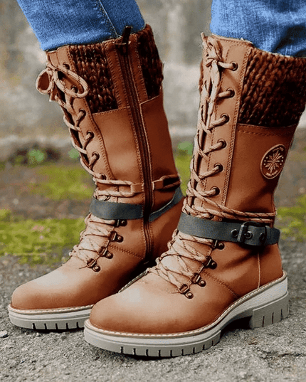 Women's Mid Calf Winter Boots, Lace Up Knit Cuff Lug Sole