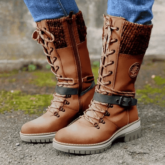 Women's Mid Calf Winter Boots, Lace Up Knit Cuff Lug Sole