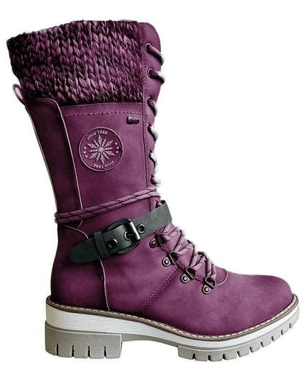 Women's Mid Calf Winter Boots, Lace Up Knit Cuff Lug Sole
