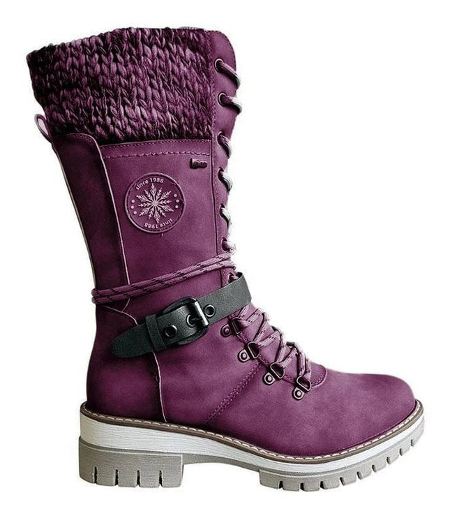 Women's Mid Calf Winter Boots, Lace Up Knit Cuff Lug Sole