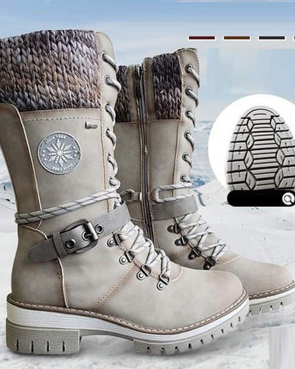 Women's Mid Calf Winter Boots, Lace Up Knit Cuff Lug Sole