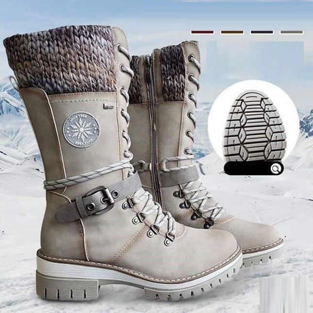 Women's Mid Calf Winter Boots, Lace Up Knit Cuff Lug Sole