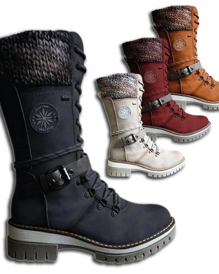 Women's Mid Calf Winter Boots, Lace Up Knit Cuff Lug Sole