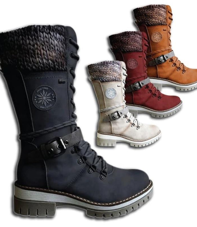 Women's Mid Calf Winter Boots, Lace Up Knit Cuff Lug Sole
