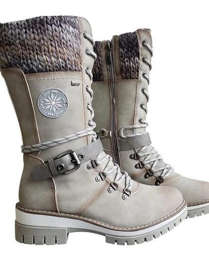 Women's Mid Calf Winter Boots, Lace Up Knit Cuff Lug Sole