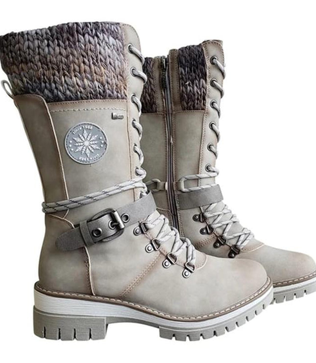 Women's Mid Calf Winter Boots, Lace Up Knit Cuff Lug Sole