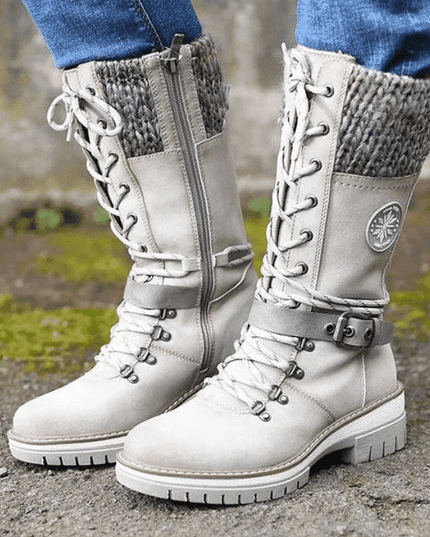 Women's Mid Calf Winter Boots, Lace Up Knit Cuff Lug Sole