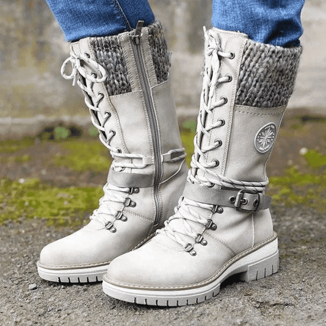 Women's Mid Calf Winter Boots, Lace Up Knit Cuff Lug Sole