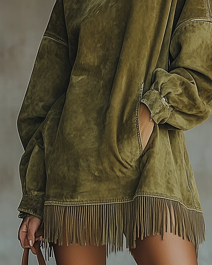 Women's Mini Knit Sweater Dress with Mock Neck and Fringe Hem