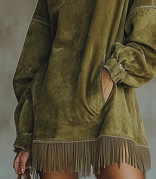 Women's Mini Knit Sweater Dress with Mock Neck and Fringe Hem