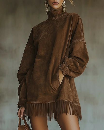 Women's Mini Knit Sweater Dress with Mock Neck and Fringe Hem