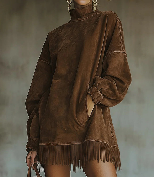 Women's Mini Knit Sweater Dress with Mock Neck and Fringe Hem